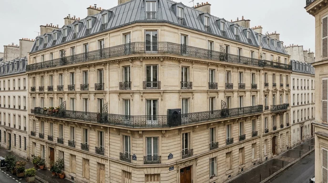 Façade d'immeuble haussmannien avec une unité extérieure de climatisation installée discrètement sur un balcon.