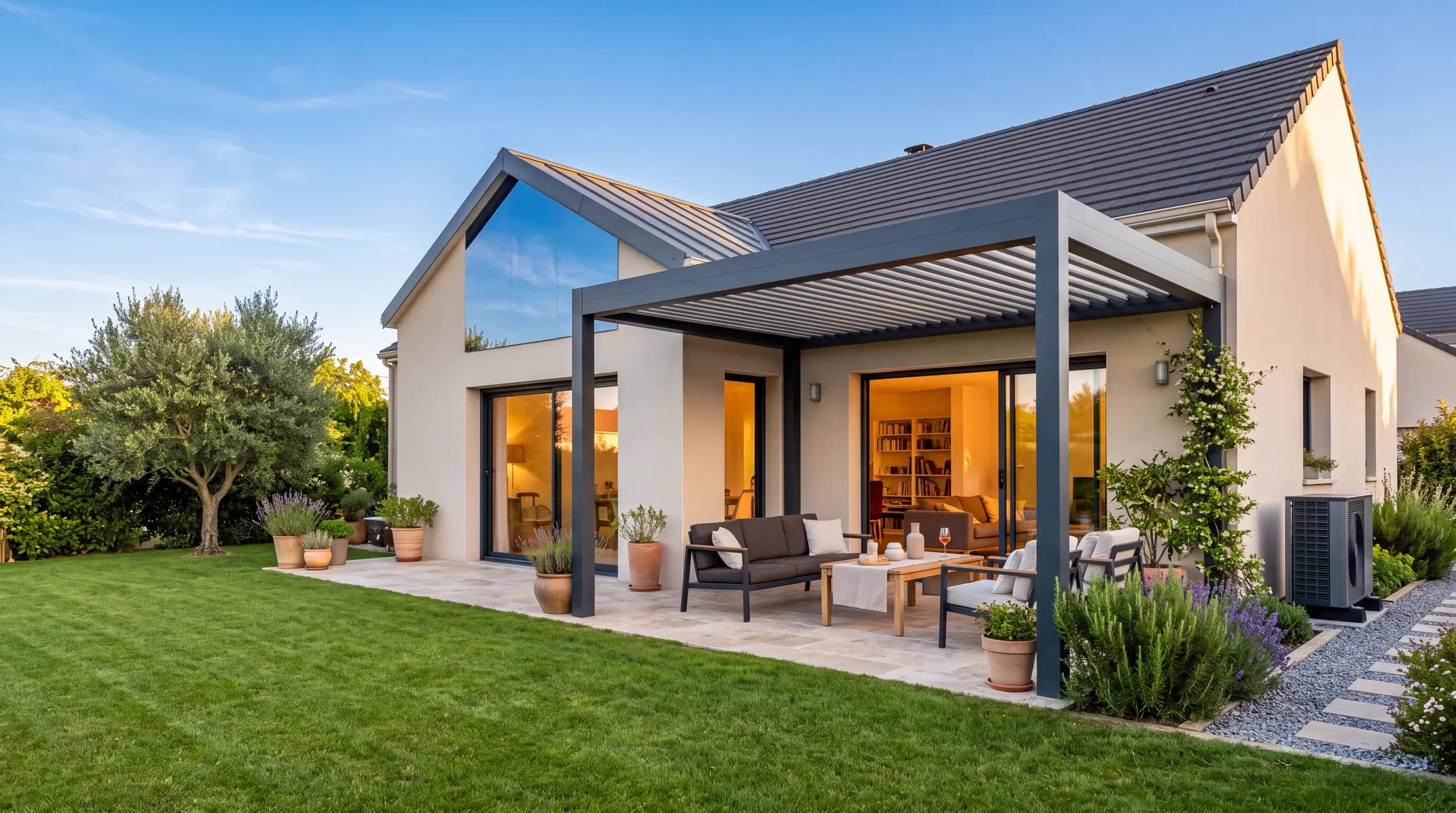 Maison contemporaine en Île-de-France, terrasse sous pergola et jardin, avec sa pompe à chaleur installée en façade.